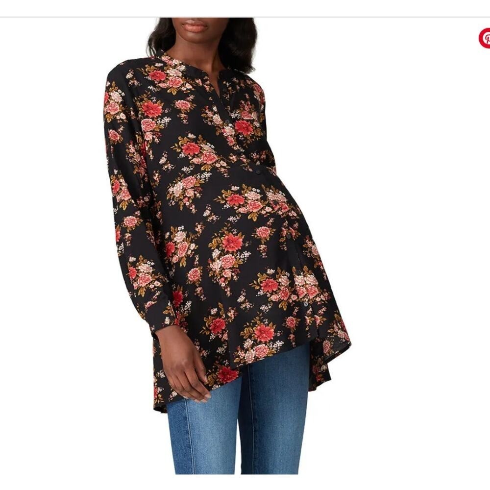 Ripe Shirt Womens Medium Maternity Black Red Pink Rose Floral Karla Peplum Top